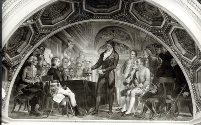 The Trial of Galileo. Alessandro Volta presenting his experiments with an electric battery to Napoleon by Nicola Cianfanelli